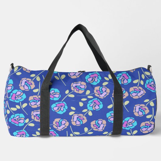 Blaues und lila Blumenmuster Duffle Bag (Vorderseite)