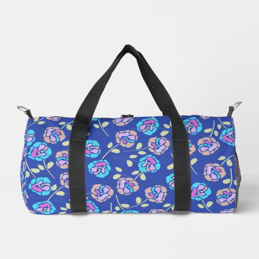 Blaues und lila Blumenmuster Duffle Bag (Vorderseite)