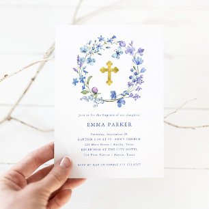 Blaues und Lila Boho Kranz und Kreuz   Taufe Einladung