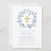 Blaues und Lila Boho Kranz und Kreuz | Taufe Einladung (Vorderseite)