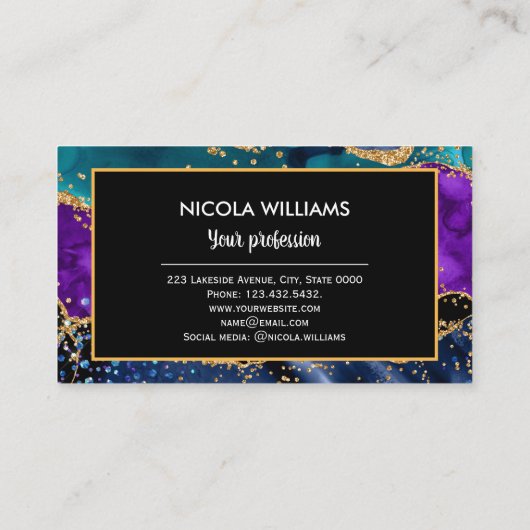 Blaues und Lila Glitzer Peacock Agate Visitenkarte (Rückseite)