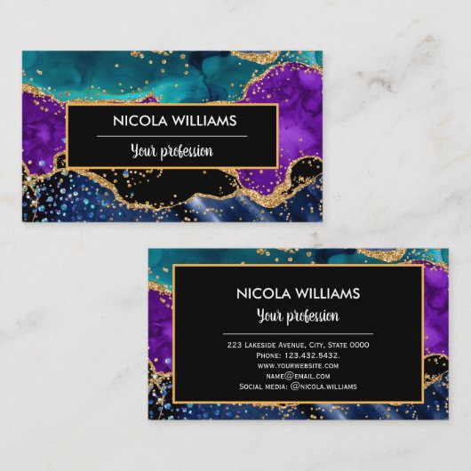 Blaues und Lila Glitzer Peacock Agate Visitenkarte (Vorne/Hinten)