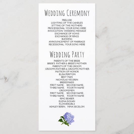 Blaues und lila Hydrangea Hochzeitsprogramm Programm (Rückseite)