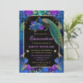 Blaues und Lila Pfauengewässer Quinceanera Einladung (Stehend Vorderseite)