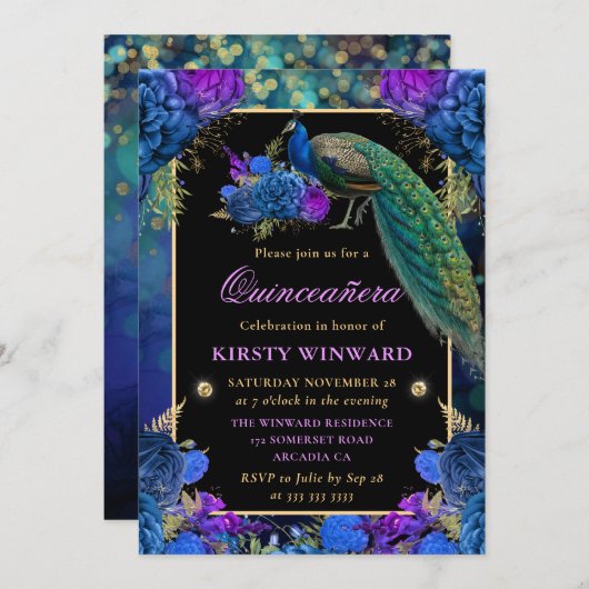 Blaues und Lila Pfauengewässer Quinceanera Einladung (Vorne/Hinten)