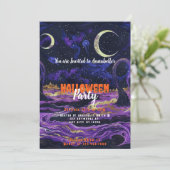 Blaues und Lila Sky Crescent Moon Halloween-Party Einladung (Stehend Vorderseite)