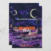 Blaues und Lila Sky Crescent Moon Halloween-Party Einladung (Vorne/Hinten)