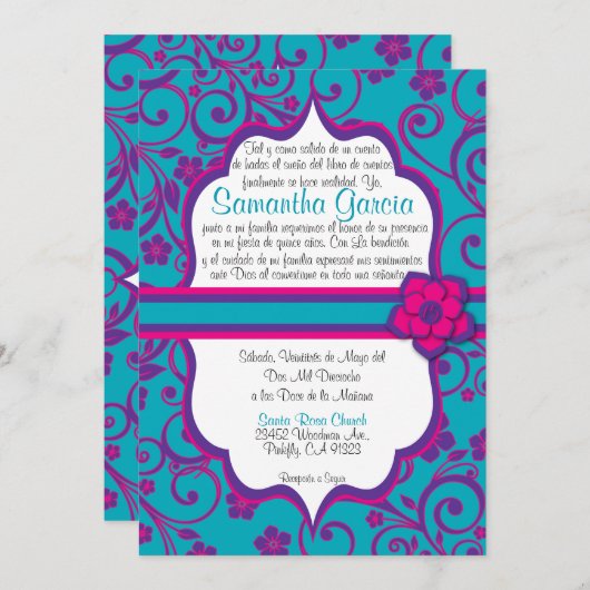 Blaues und lila Spanisch Quinceañera Einladung (Vorne/Hinten)