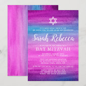 Blaues und lila Watercolorschläger mitzvah Einladung (Vorne/Hinten)