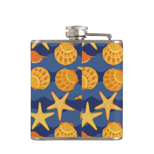 Blaues und orange Seashell-Muster Flachmann (Rückseite)