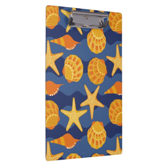 Blaues und orange Seashell-Muster Klemmbrett (Rechts)