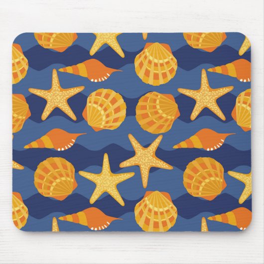 Blaues und orange Seashell-Muster Mousepad (Vorne)