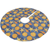 Blaues und orange Seashell-Muster Polyester Weihnachtsbaumdecke (Schrägansicht)