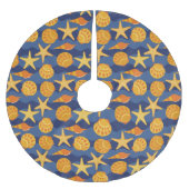Blaues und orange Seashell-Muster Polyester Weihnachtsbaumdecke (Vorderseite)