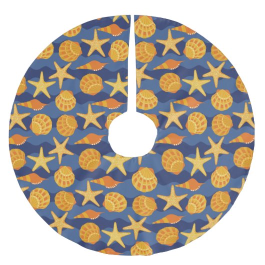 Blaues und orange Seashell-Muster Polyester Weihnachtsbaumdecke (Vorderseite)