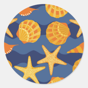 Blaues und orange Seashell-Muster Runder Aufkleber