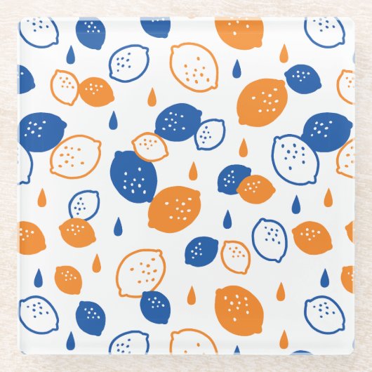 Blaues und orangefarbenes Lemon-Muster, spielerisc Glasuntersetzer (Vorderseite)