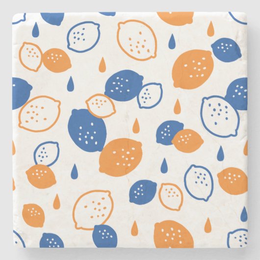 Blaues und orangefarbenes Lemon-Muster, spielerisc Steinuntersetzer (Vorderseite)