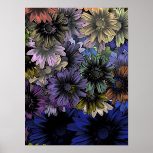 Blaues und oranges Blumenmuster Poster (Vorne)
