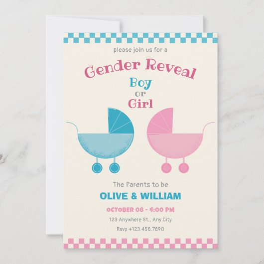 Blaues und rosa Babytrageton Einladung (Vorderseite)