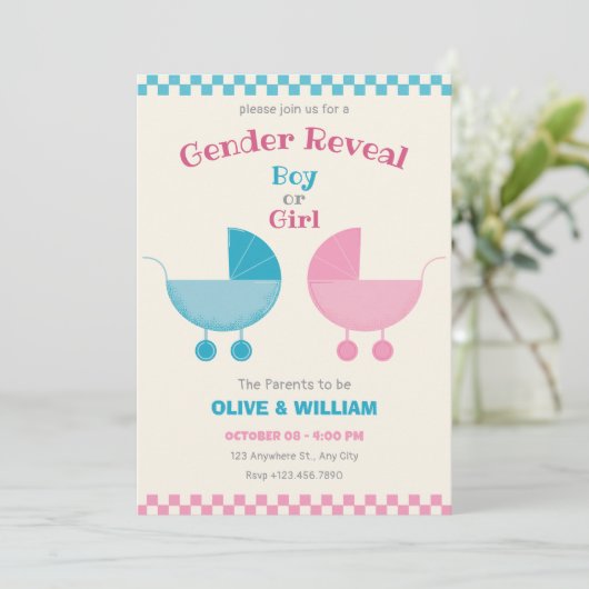 Blaues und rosa Babytrageton Einladung (Stehend Vorderseite)