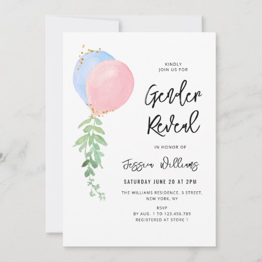 Blaues und rosa Baloon-Baby Einladung (Vorderseite)