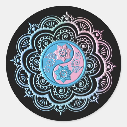 Blaues und rosa Mandala Runder Aufkleber (Vorderseite)