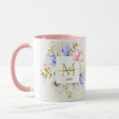 Blaues und rosa Wasserfarben-Blumenmonogramm Tasse (Links)