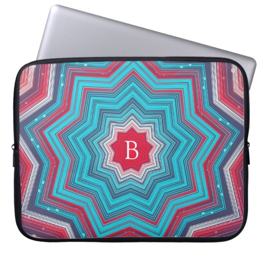 Blaues und rotes Mandala-Rosettenmuster-Monogramm Laptopschutzhülle (Vorderseite)
