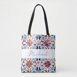 Blaues und rotes spanisches Blumenfliesen-Muster Tasche