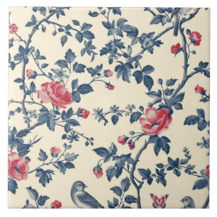 Blaues und rotes Toile de Jouy Blumenmuster Fliese