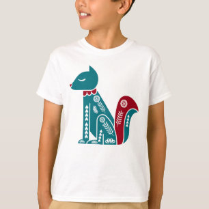 Blaues und rotes Vintage-Nordisches Eichhörnchen T-Shirt