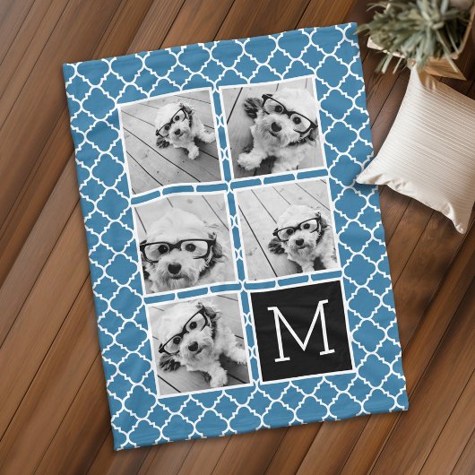 Blaues und schwarzes 5-Foto-Collage-Monogramm Fleecedecke