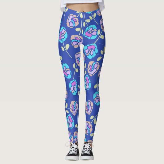 Blaues und violettes Blumenmuster Leggings (Vorderseite)