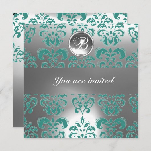 BLAUES UND WEISS-DAMASK-GEM-STEIN-MONOGRAMM EINLADUNG (Vorne/Hinten)