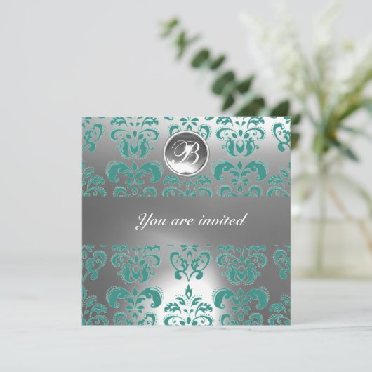 BLAUES UND WEISS-DAMASK-GEM-STEIN-MONOGRAMM EINLADUNG (Stehend Vorderseite)
