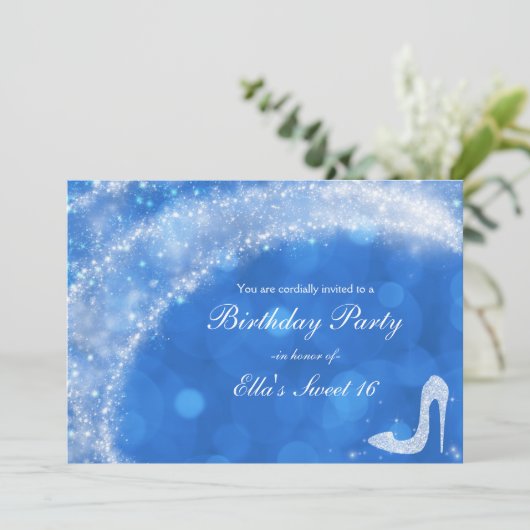 Blaues und weißes Aschenputtel Sparkle Party Einladung (Stehend Vorderseite)