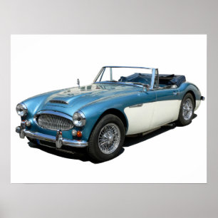 Blaues und weißes Austin Healey 3000 Sportwagen Poster