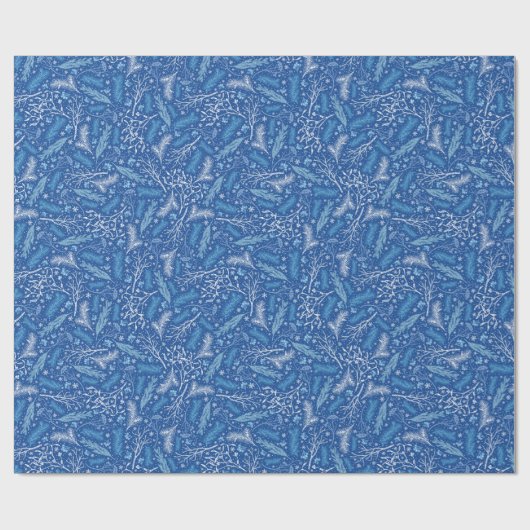 Blaues und weißes botanisches Muster Geschenkpapier (Flach)