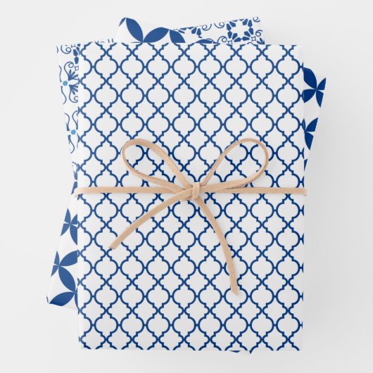Blaues und weißes geometrisches Muster Geschenkpapier Set (Beispiel)