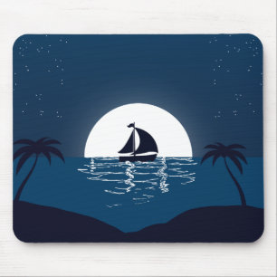 Blaues und weißes illustratives Meer in der Nacht Mousepad
