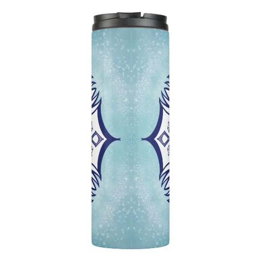 Blaues und weißes Mandel mit Kreaturen, Thermal Tu Thermosbecher (Rückseite)