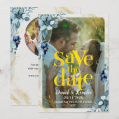 Blaues und weißes rustikales Foto Save the Date (Vorne/Hinten)