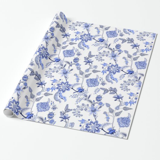 Blaues und weißes traditionelles Chintz-Muster Geschenkpapier (Ungerollt)