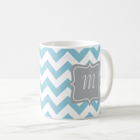 Blaues und weißes Zickzack-Monogramm Kaffeetasse (VorderseiteRechts)