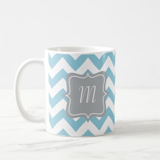 Blaues und weißes Zickzack-Monogramm Kaffeetasse (Links)