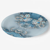 Blaues Verziertes Blumenpapier Pappteller (Schrägansicht)