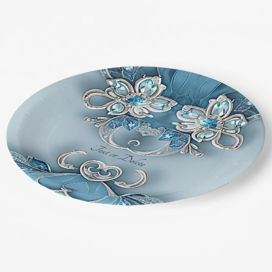 Blaues Verziertes Blumenpapier Pappteller (Schrägansicht)