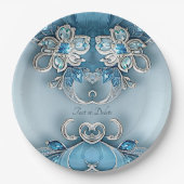 Blaues Verziertes Blumenpapier Pappteller (Vorderseite)