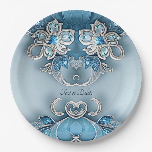 Blaues Verziertes Blumenpapier Pappteller (Vorderseite)